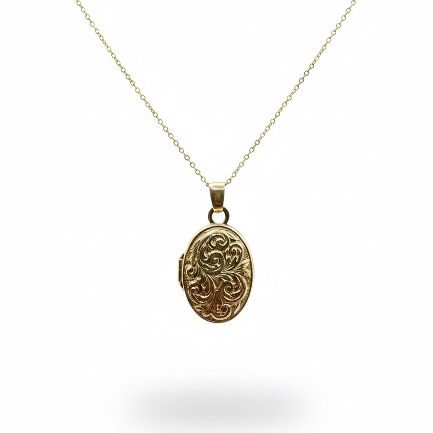 9ct Oval Hand Engraved Picture Frame Locket With Chain