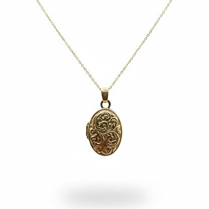 9ct Oval Hand Engraved Picture Frame Locket With Chain