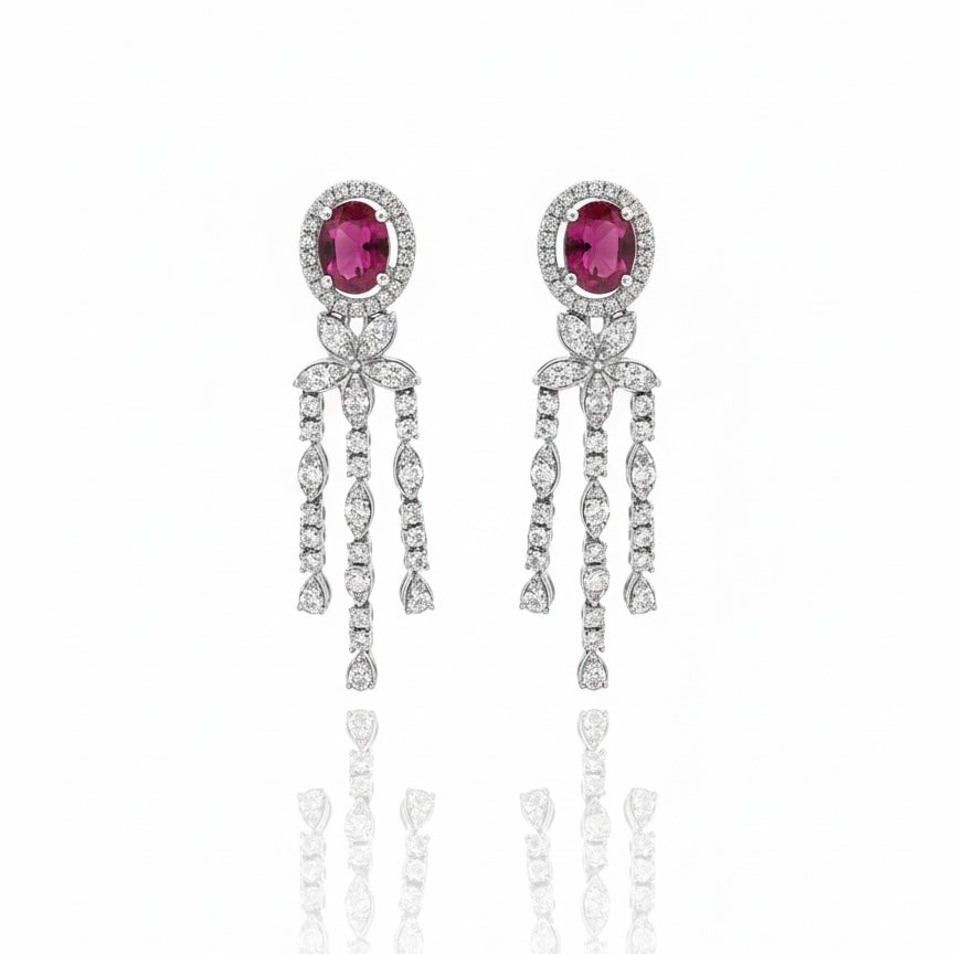 18ct White Gold Round Brilliant Diamonds With Oval Ruby Earrings