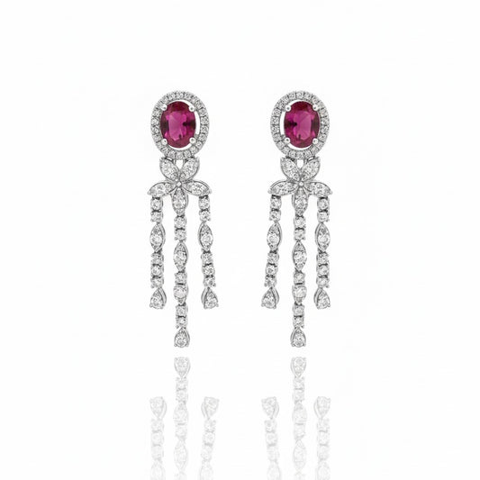 18ct White Gold Round Brilliant Diamonds With Oval Ruby Earrings