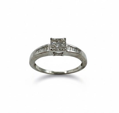 18ct White Gold Centre Cluster Princess Cut and Baguette Shoulder Diamond Ring
