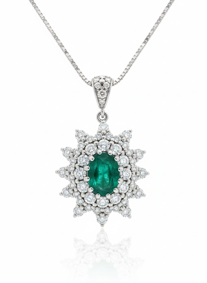 14ct White Gold Oval Emerald And Diamond Pendant Set
