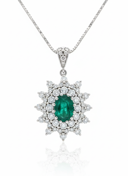 14ct White Gold Oval Emerald And Diamond Pendant Set
