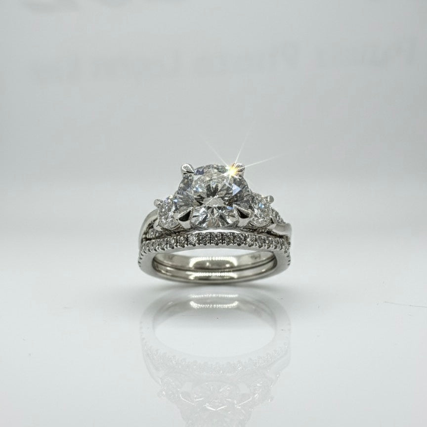 950 Platinum Round Brilliand Triliogy Diamond With Diamond Shoulders And Matching Eternity Ring Set