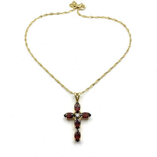 9ct Marquees Garnet Set Cross Pendant With Chain