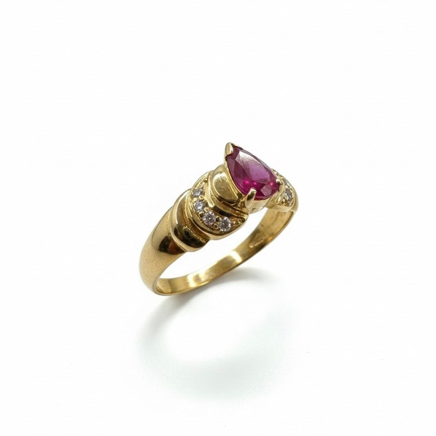 18ct Tear Drop Ruby With Hand Set Diamond Step Shoulder Ring