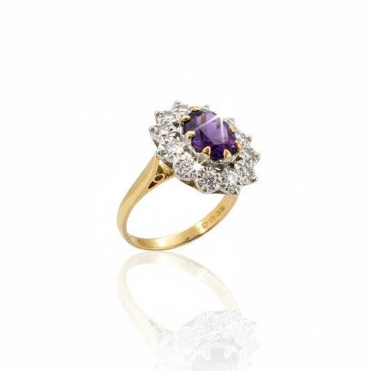 18ct Two Tone Oval Amethyst And Hand Set Diamond Ring