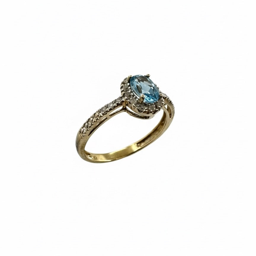 9ct Aquamarine With Diamond Halo And Semi Shoulder Ring