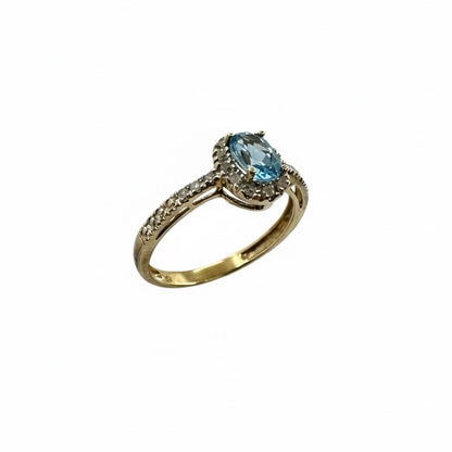9ct Aquamarine With Diamond Halo And Semi Shoulder Ring