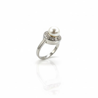 18ct Clawless Centre Pearl and Diamond Halo Ring