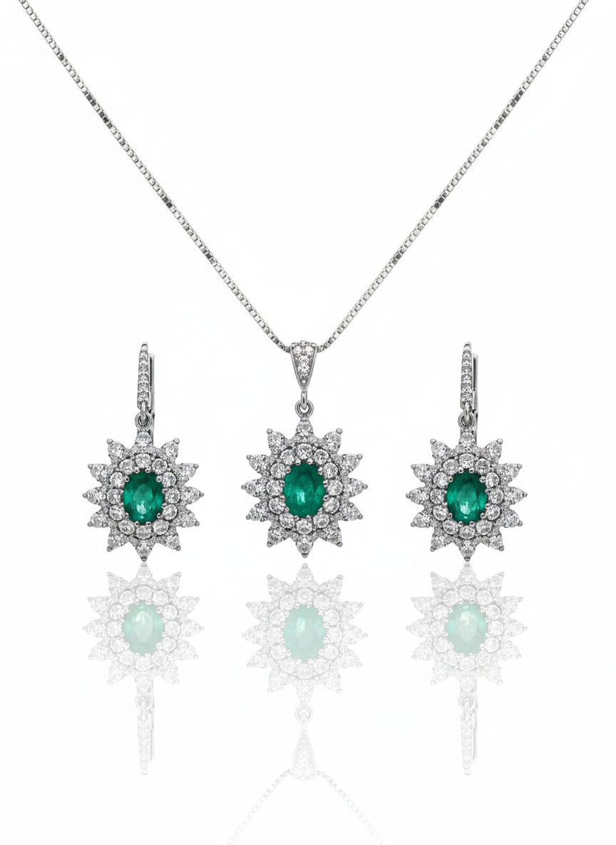 14ct White Gold Oval Emerald And Diamond Pendant Set