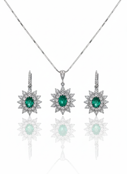 14ct White Gold Oval Emerald And Diamond Pendant Set