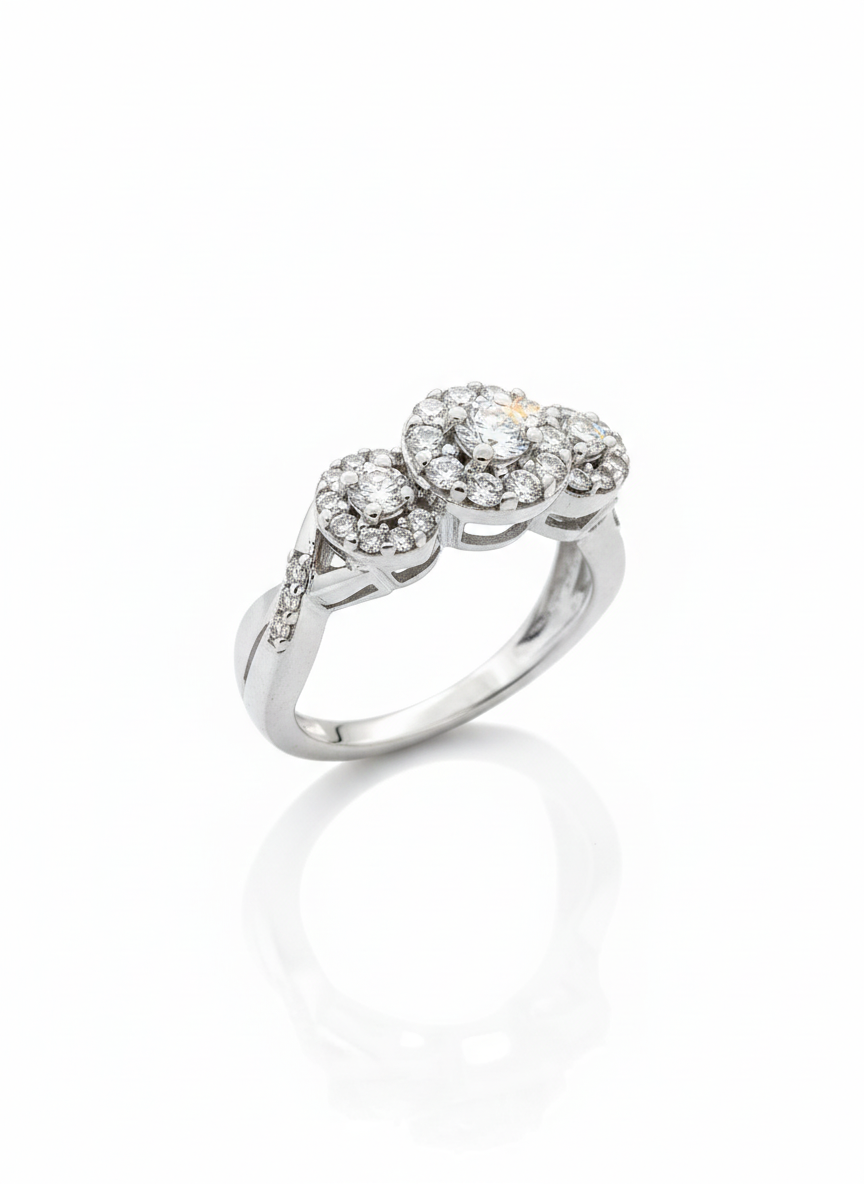 18ct White Gold Halo Trilogy With Twisted Shoulder Diamond Ring