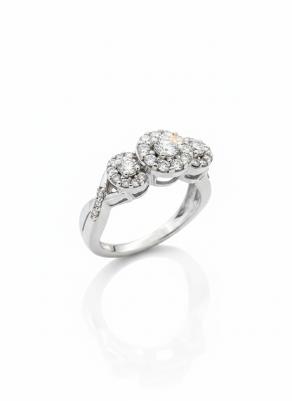 18ct White Gold Halo Trilogy With Twisted Shoulder Diamond Ring