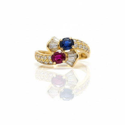 18ct Twin Ruby And Sapphire With Baguette And Round Brilliant Diamond Ring