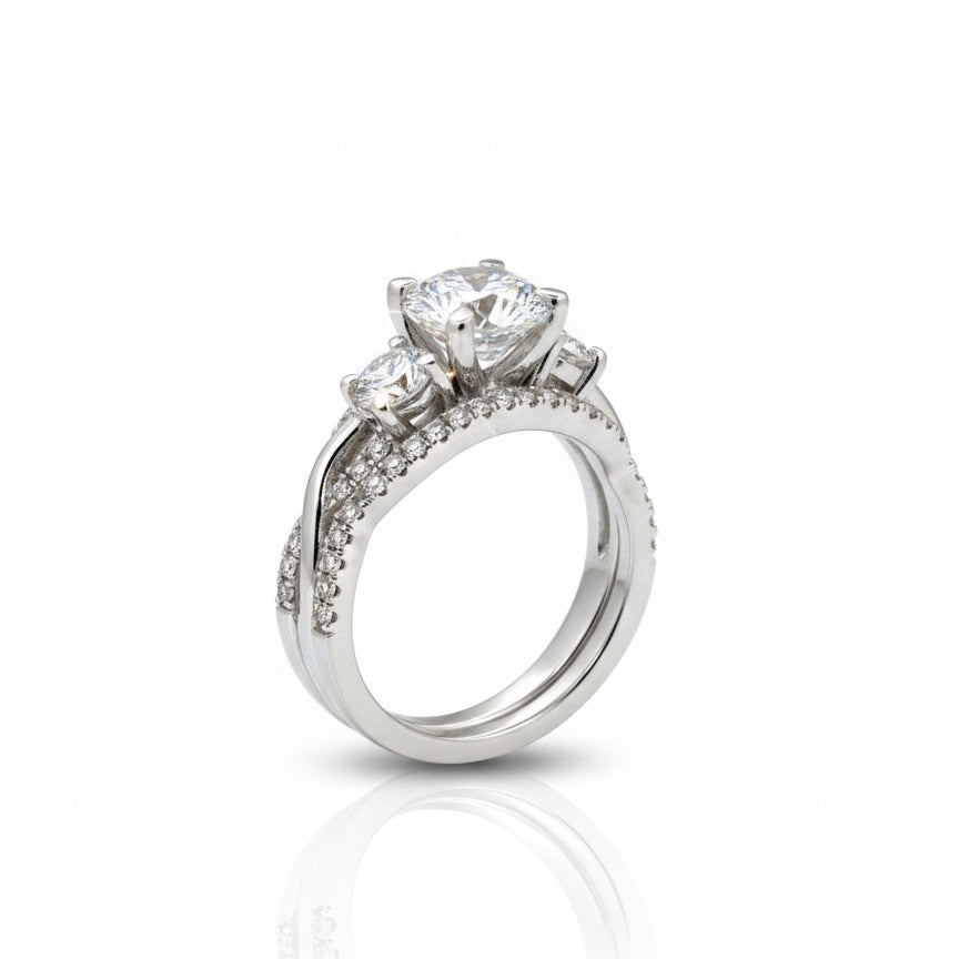 950 Platinum Round Brilliand Triliogy Diamond With Diamond Shoulders And Matching Eternity Ring Set