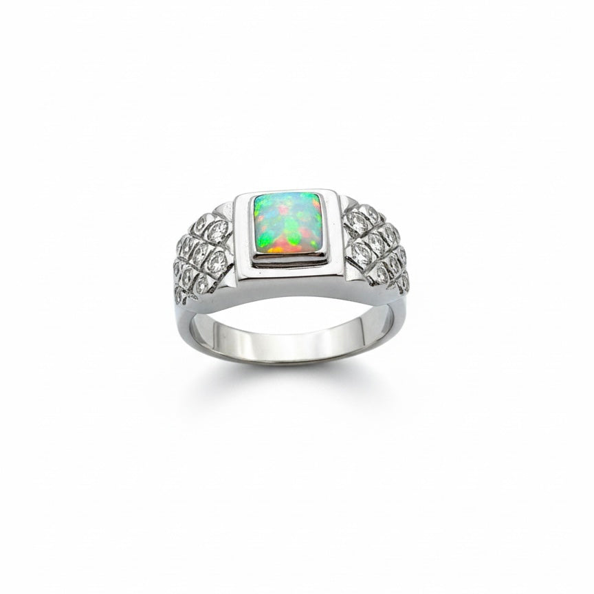 9ct Square Opal And Diamond Set Shoulder Ring