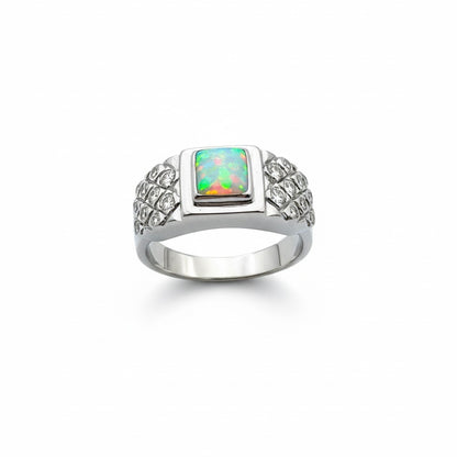 9ct Square Opal And Diamond Set Shoulder Ring