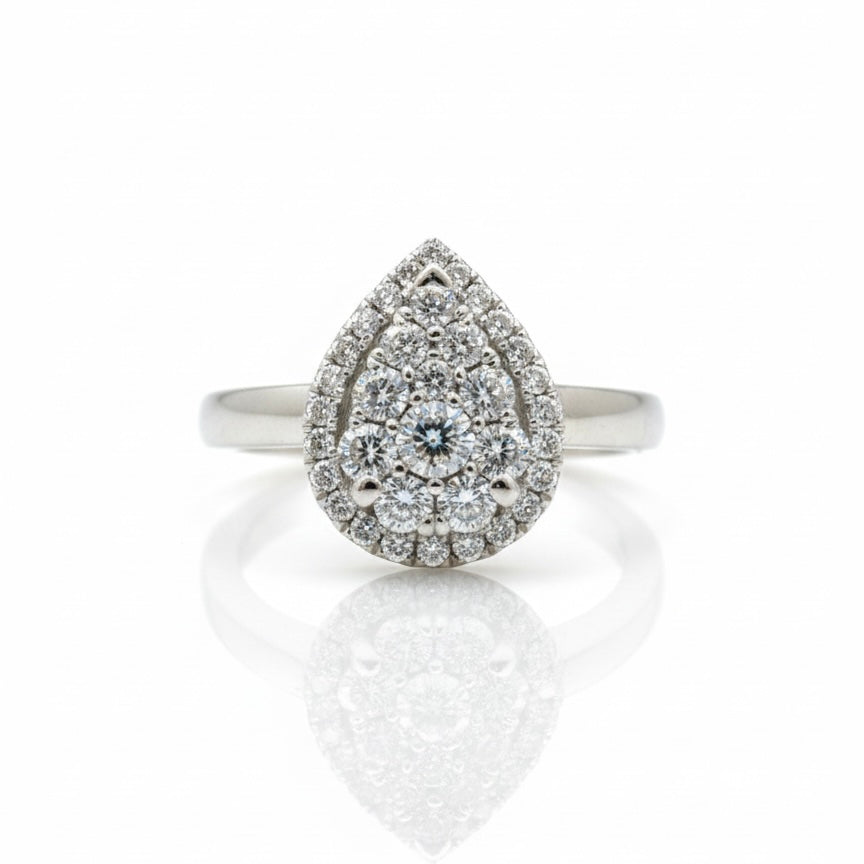 950 Platinum Cluster Hand Engraved Pear Shape Diamond Ring