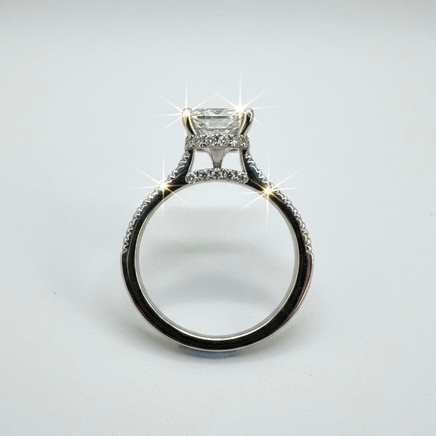 950 Platinum Cushion Diamond Ring With Hidden Diamond Halo And Hidden Diamond Bridge With Shoulder Ring