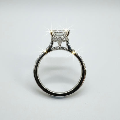 950 Platinum Cushion Diamond Ring With Hidden Diamond Halo And Hidden Diamond Bridge With Shoulder Ring
